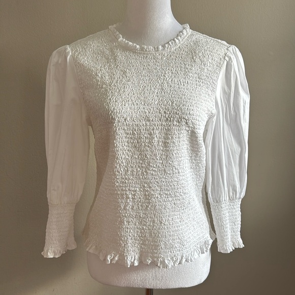 Veronica Beard Kali Smocked White Top Long Puff Sleeve Casual Blouse Size 10 - Picture 5 of 15